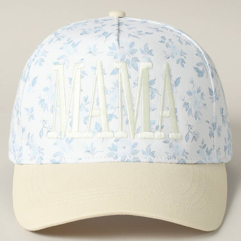 Mama Embroidered Floral Trucker Hat in White/Beige