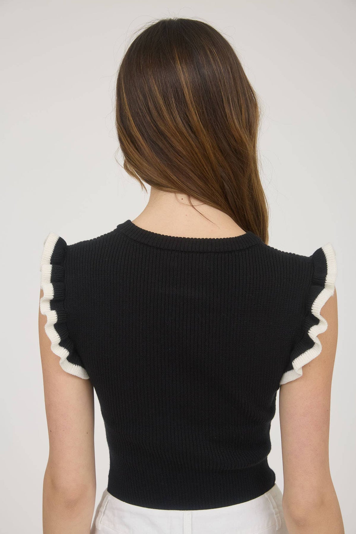Ruffle Sleeve Sweater Knit Top in Black with Ruffle