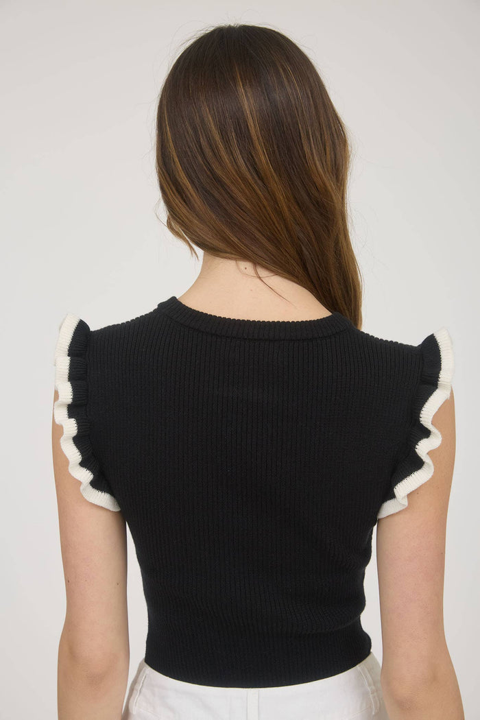 Ruffle Sleeve Sweater Knit Top in Black with Ruffle