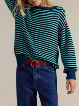 * Drop Shoulder Oversized Knit Sweater Pullover in Beige Stripe