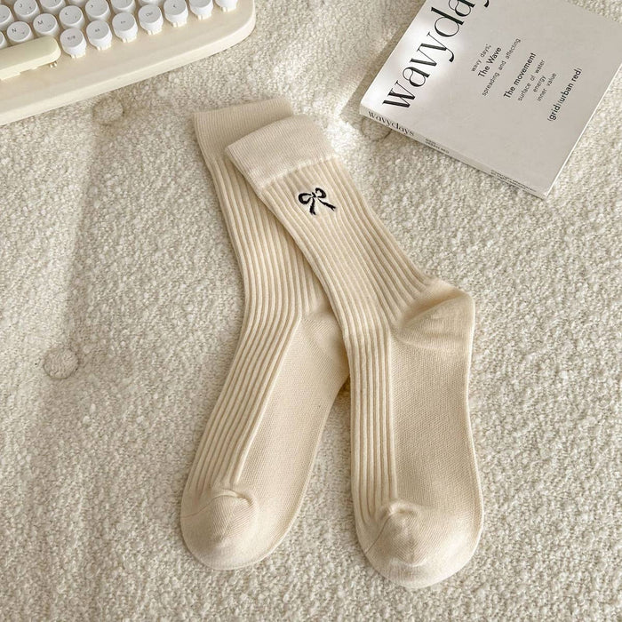 Bow Embroidered Crew Socks - Black, Beige, White Color Varieties