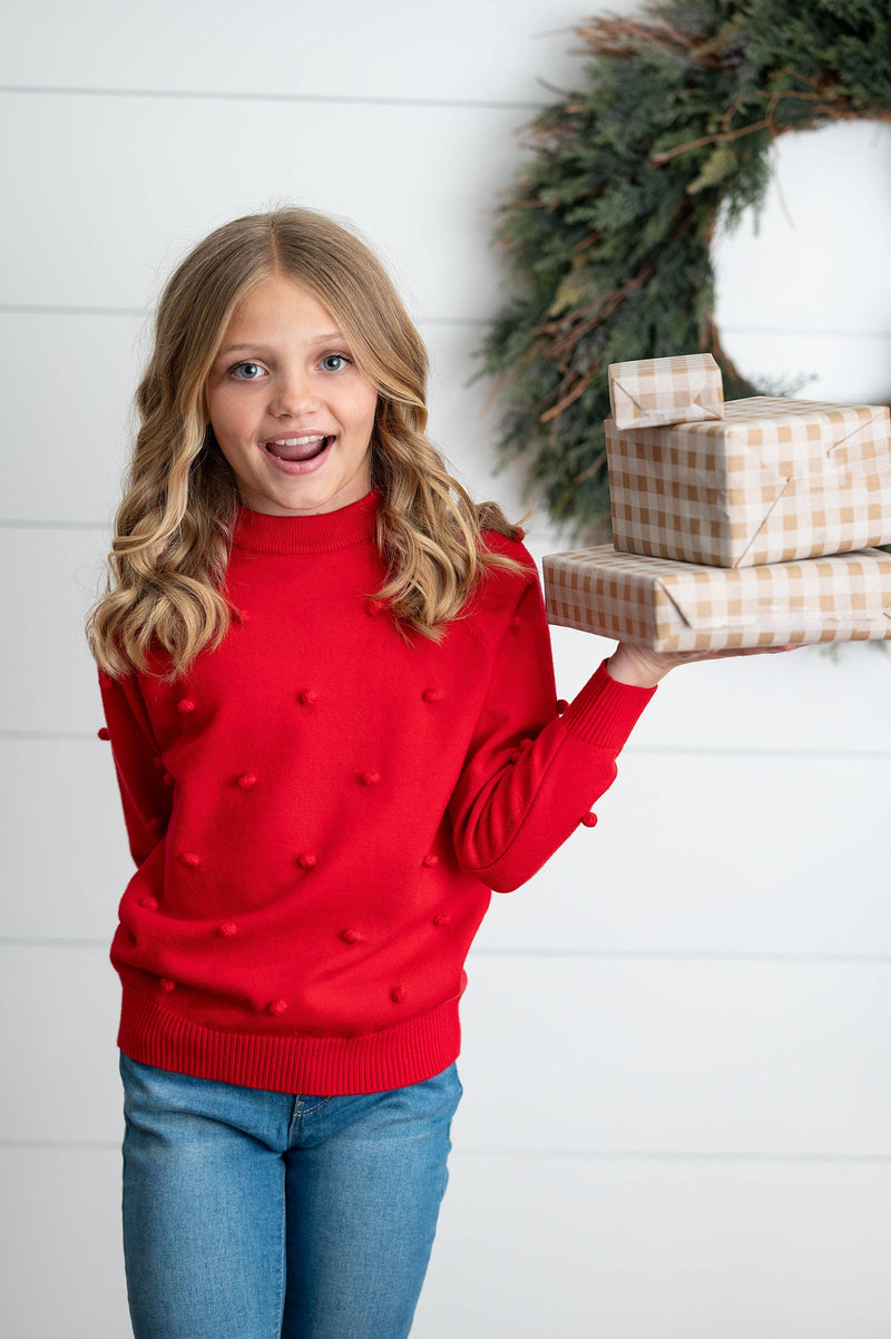 Kids Red Pom Pom Crewneck Sweater