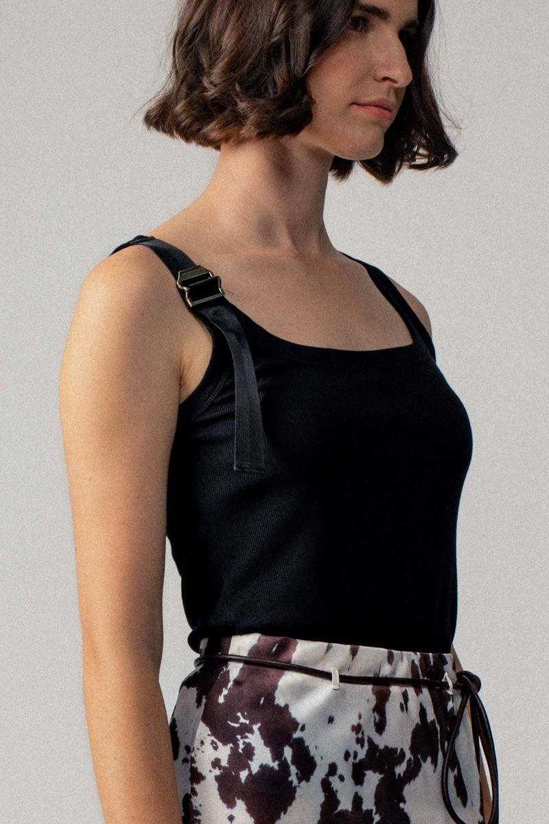 Ribbed Knit Tank Top with Buckle Strap in Black