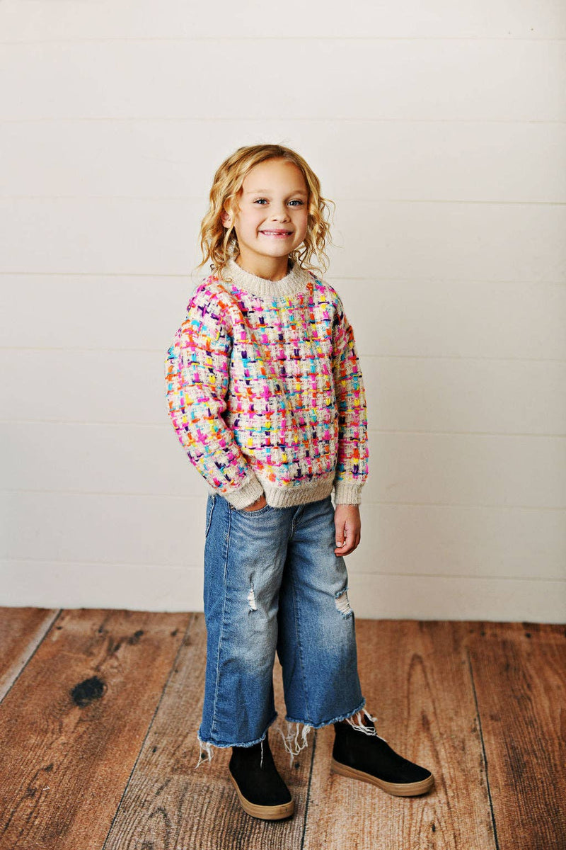 Girl’s Rainbow Colored Knit Texture Crew Neck Sweater