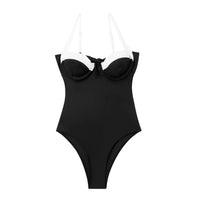Classic black white contrast tankini one piece swimsuit