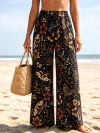 Vacation Vintage Moth Plant Floral Print Wide Leg Pants