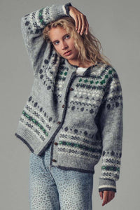** Nordic Pattern Button-Up Knit Cardigan: GREY / S/M-3:M/L-3