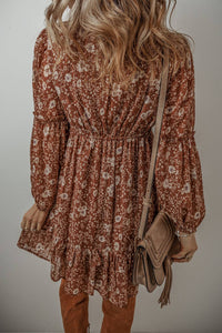 Boho Floral Ruffle V-Neck Mini Dress in Brown