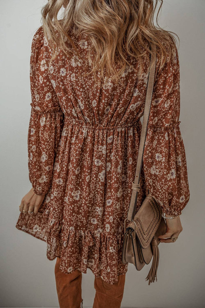 Boho Floral Ruffle V-Neck Mini Dress in Brown