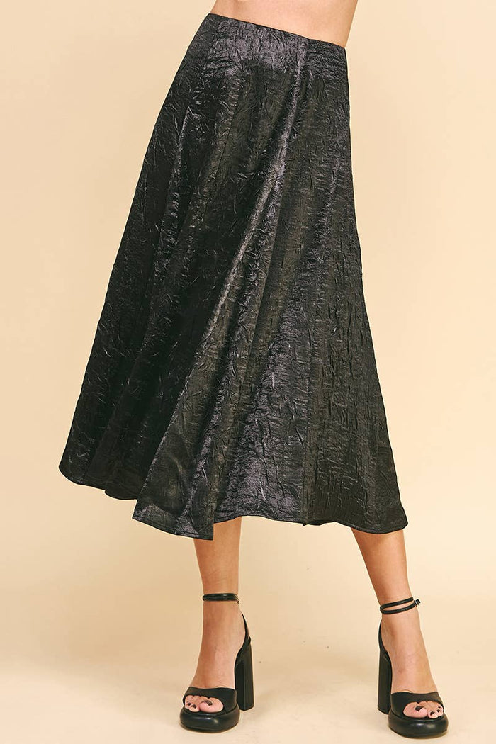 Textured Satin Midi Skirt in Black