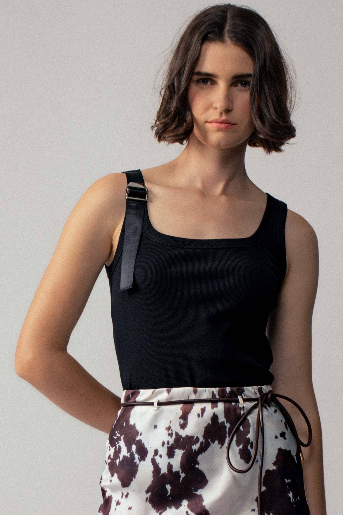 Ribbed Knit Tank Top with Buckle Strap in Black