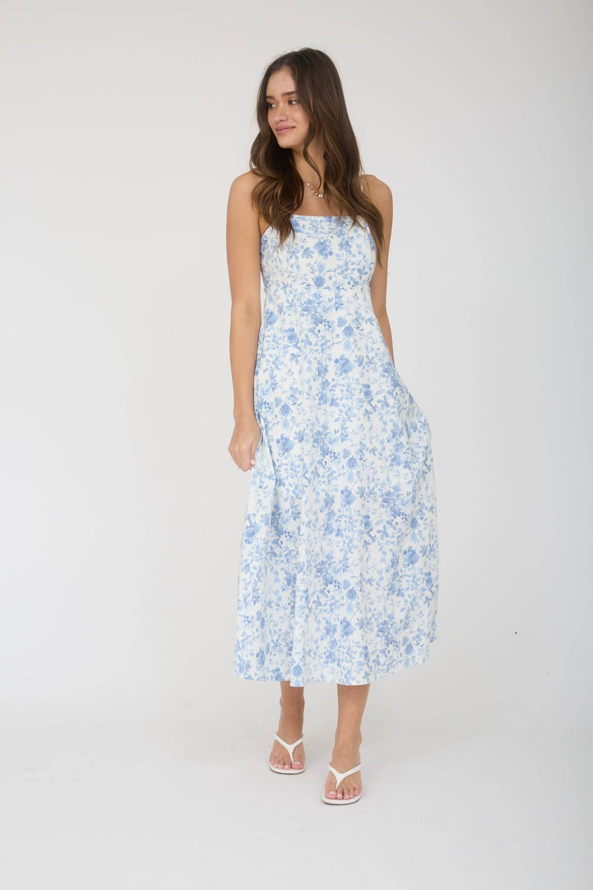 WATERCOLOR FLORAL SPAGHETTI STRAP MIDI DRESS