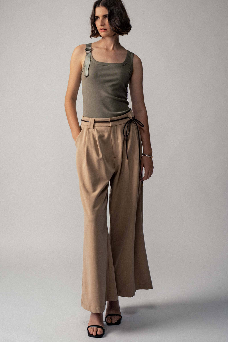 Ribbed Knit Tank Top with Buckle Strap in Olive