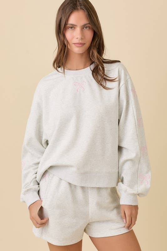 Crewneck With Ribbon Bows in Heather Grey