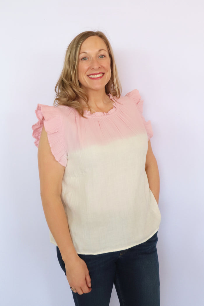 Sleeveless Top With Frill Neck/Arm Detail in Pink