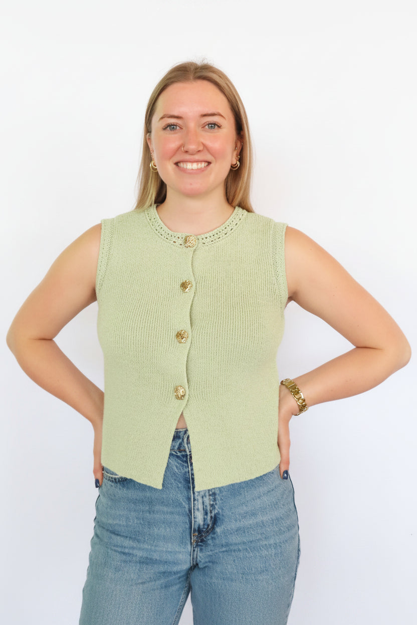 GOLD SEASHELL BUTTON DOWN KNIT CARDIGAN VEST: SAGE