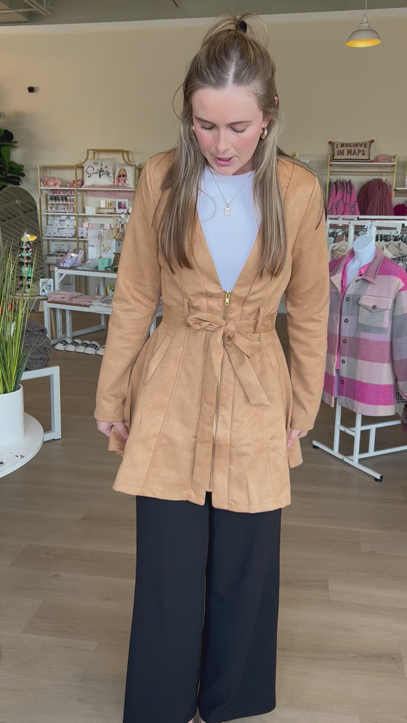 Soft Suede Tie Waist Jacket in Camel