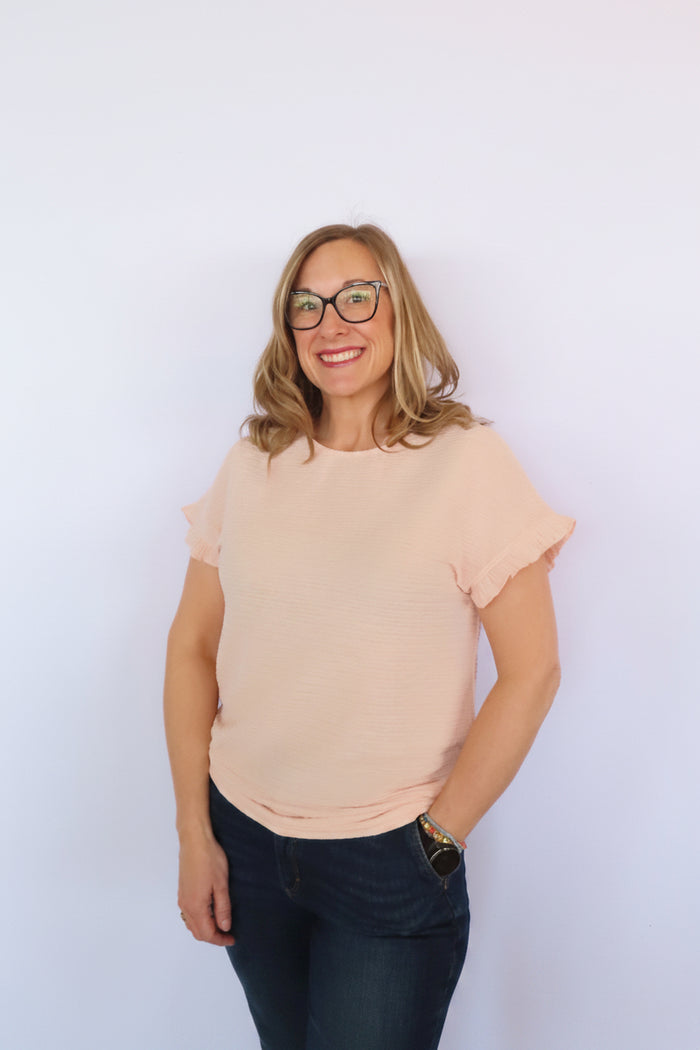 Solid Textured Ruffled Short Sleeve Blouse
