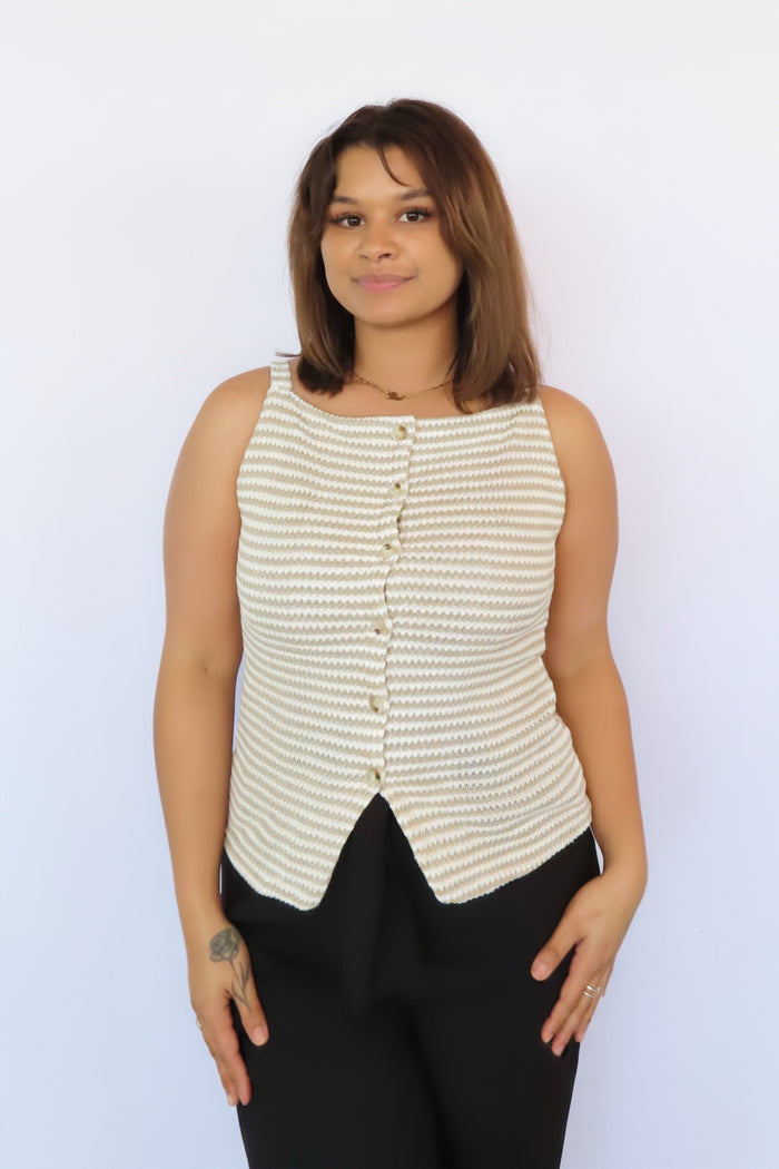 Striped Button Front Sleeveless Tank Top with Slit Hem