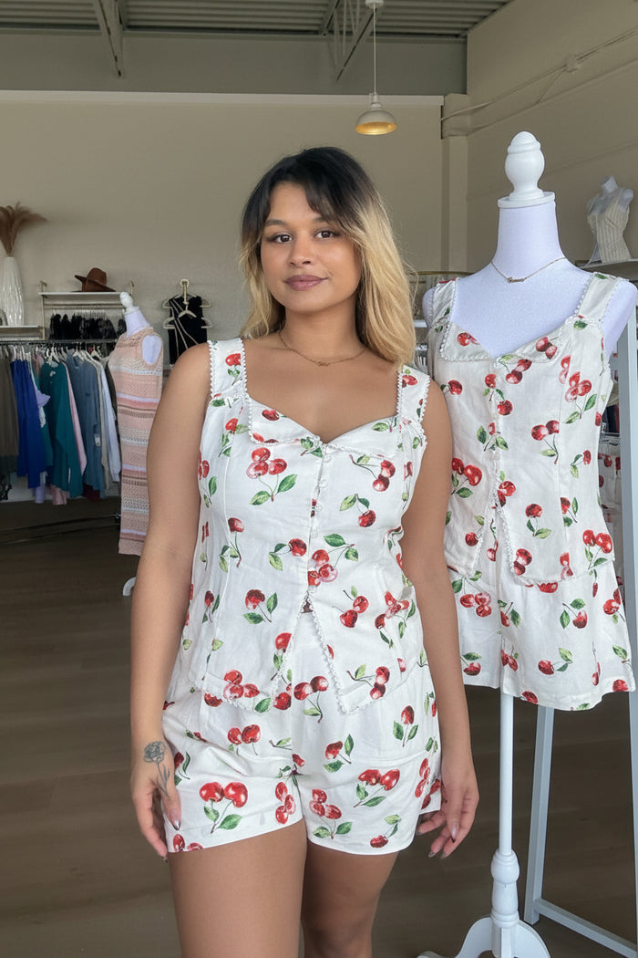 Cherry Print Button-Down Top