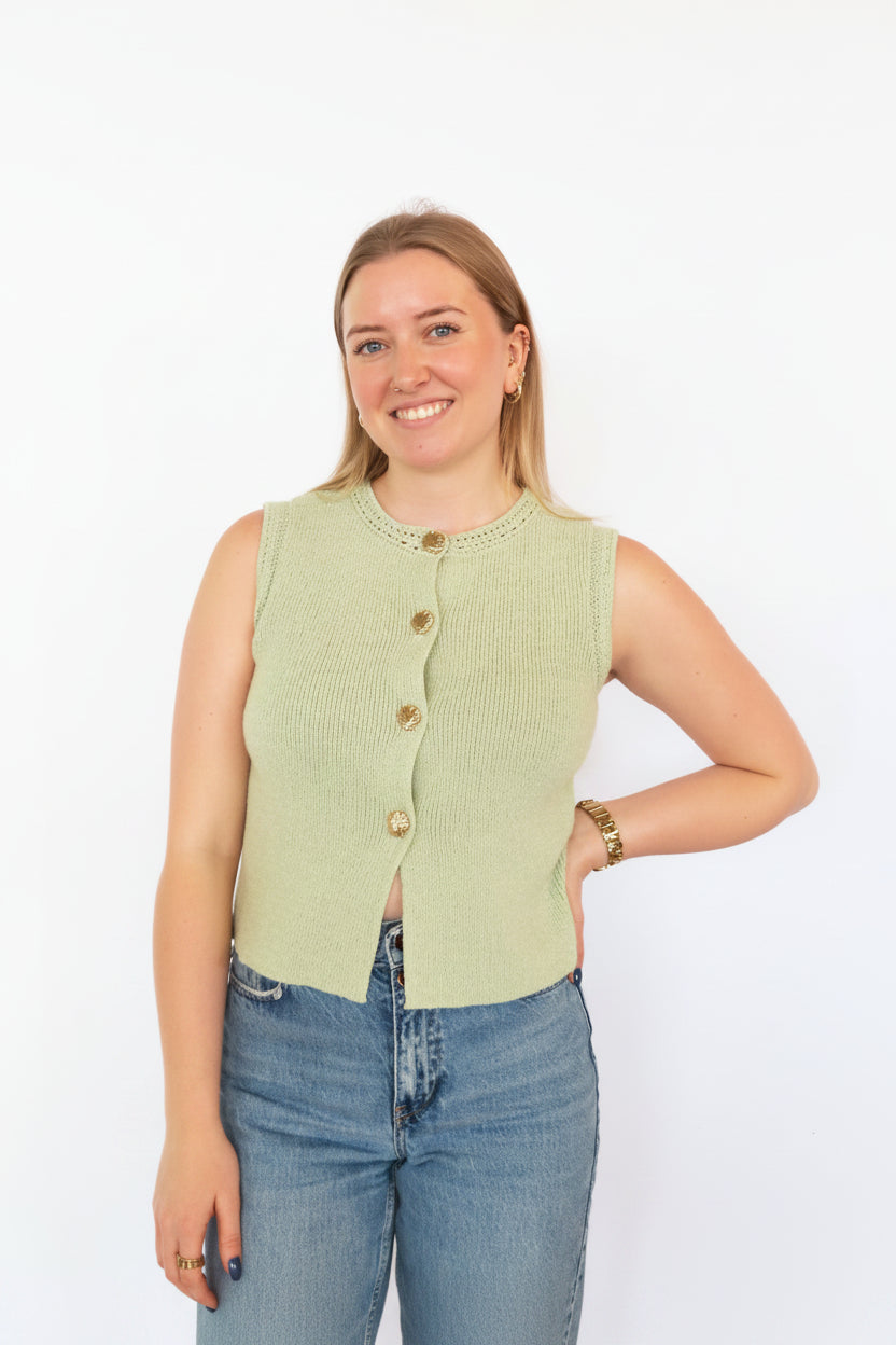 GOLD SEASHELL BUTTON DOWN KNIT CARDIGAN VEST: SAGE