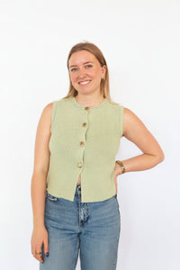 GOLD SEASHELL BUTTON DOWN KNIT CARDIGAN VEST: SAGE