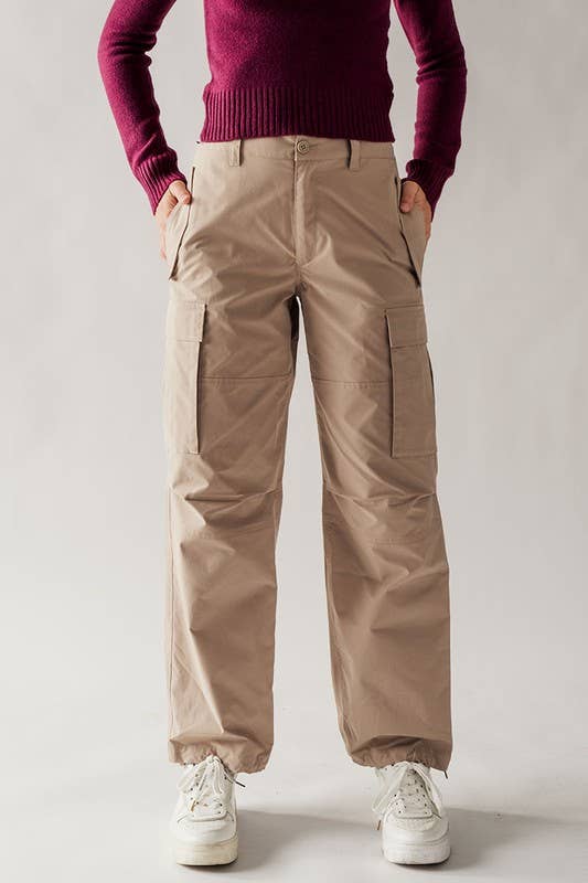 Khaki Half Elastic Waistband Cargo Pants