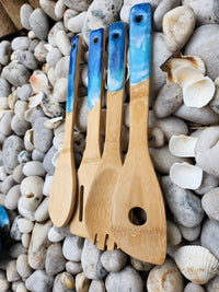 Wooden Serving Utensils with Ocean-themed resin design: Bamboo / navy / ocean theme
