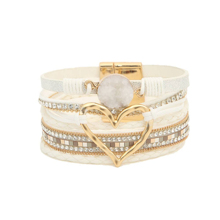 White Bohemian Heart Rhinestone Magnetic Buckle Bracelet