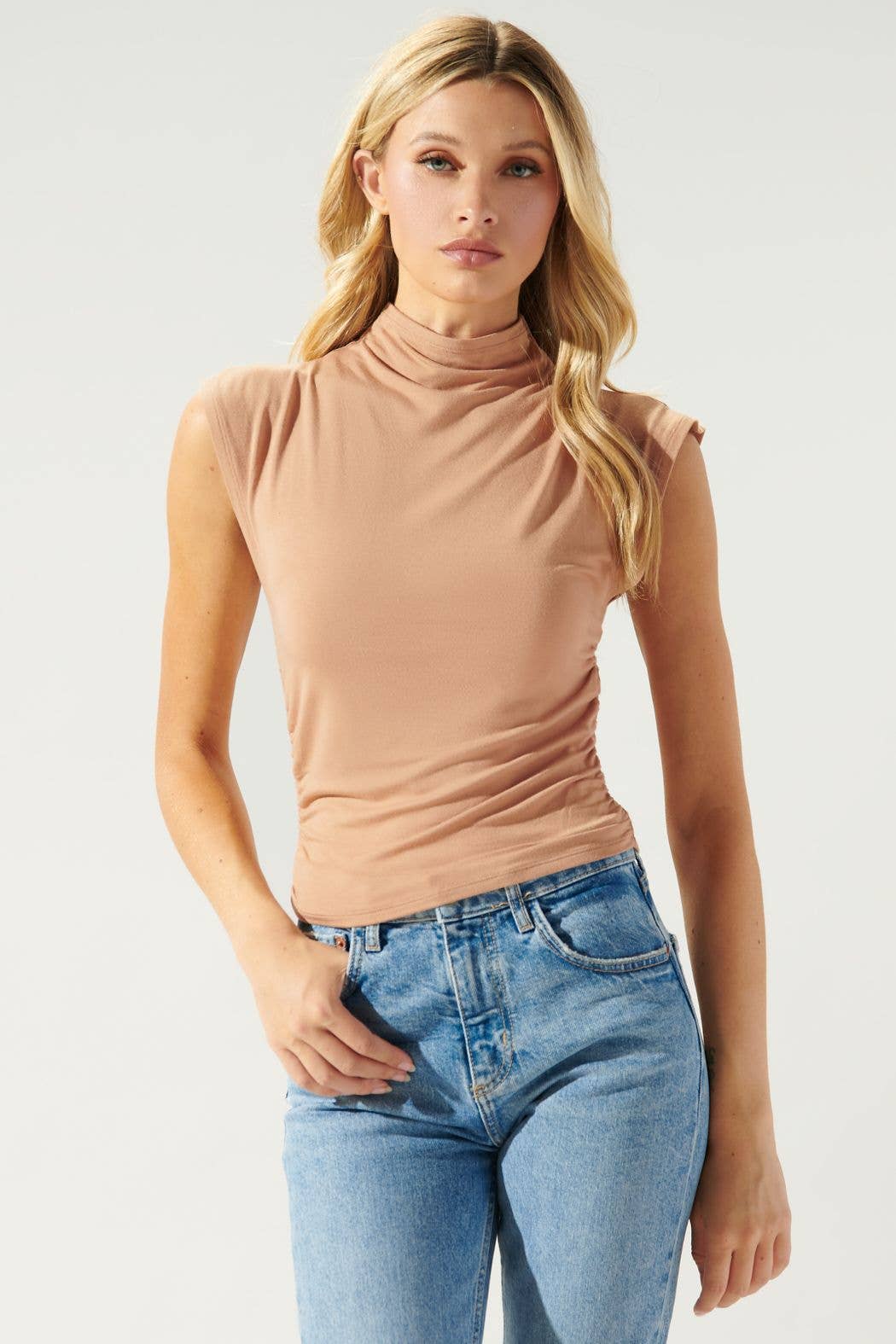 On the Go Ruched Mock Neck Top in Camel