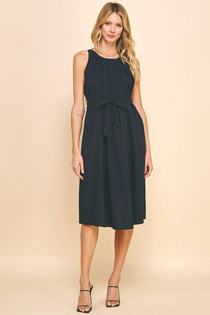 Sleeveless Pleated Midi Dress in Ink