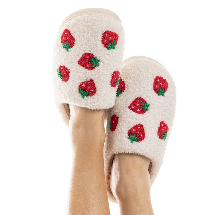 Strawberry Fuzzy Slippers for Women in White