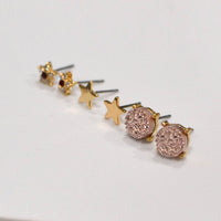 3 Pairs Small Stud Star with Stone/Metal Star/Druzy Earrings: Rose Gold