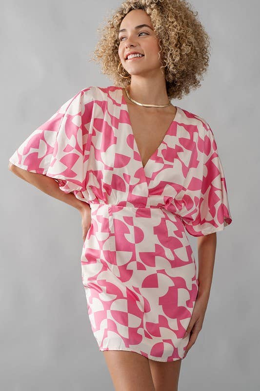 Pink Batwing Sleeve Geo Print Mini Dress