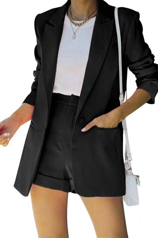 Two Piece Blazer with Shorts Set in Black