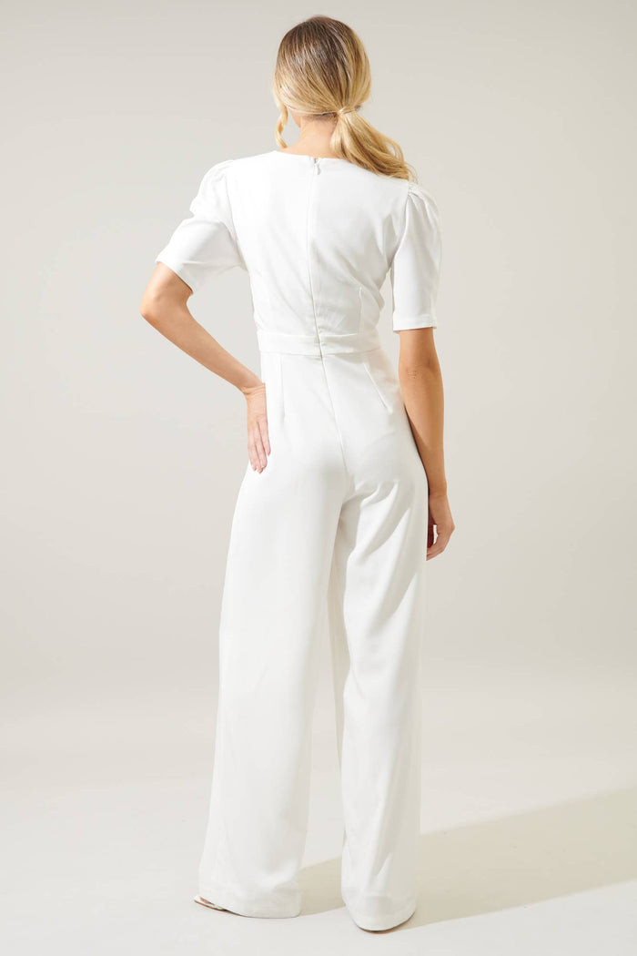 Go Getter Wide Leg Surplice Jumpsuit in White