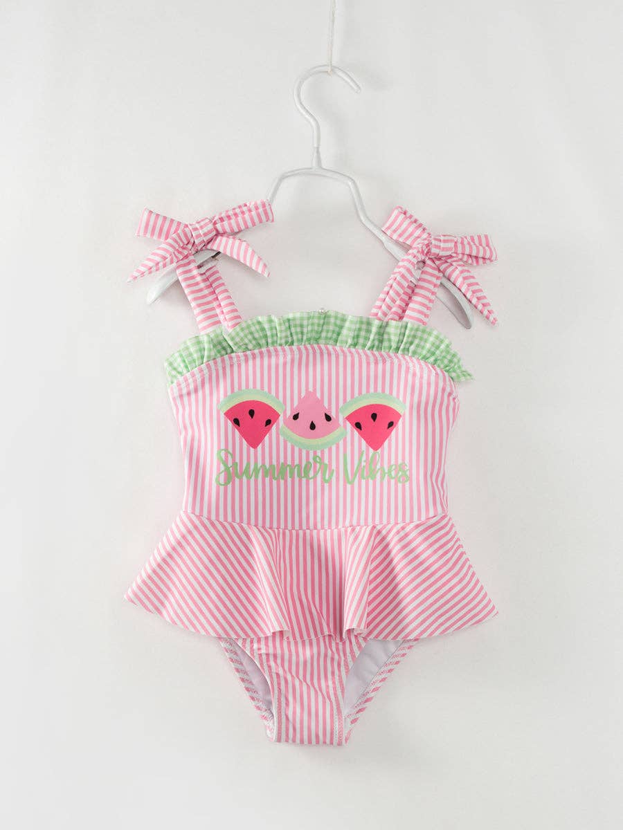Pink Stripe Watermelon Ruffle Girl’s One Piece Swimsuit