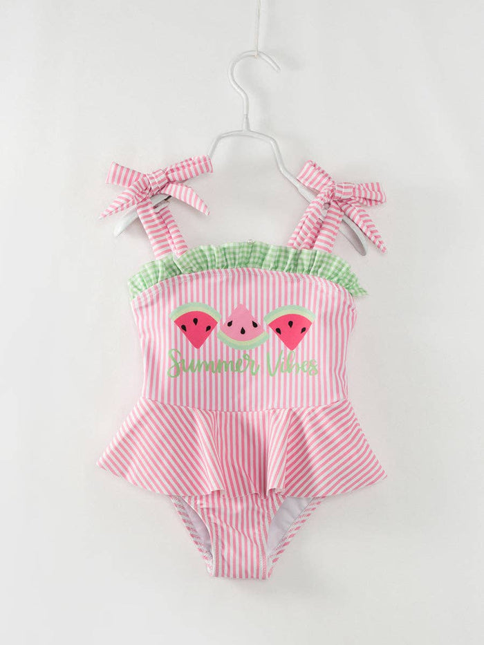Pink Stripe Watermelon Ruffle Girl’s One Piece Swimsuit