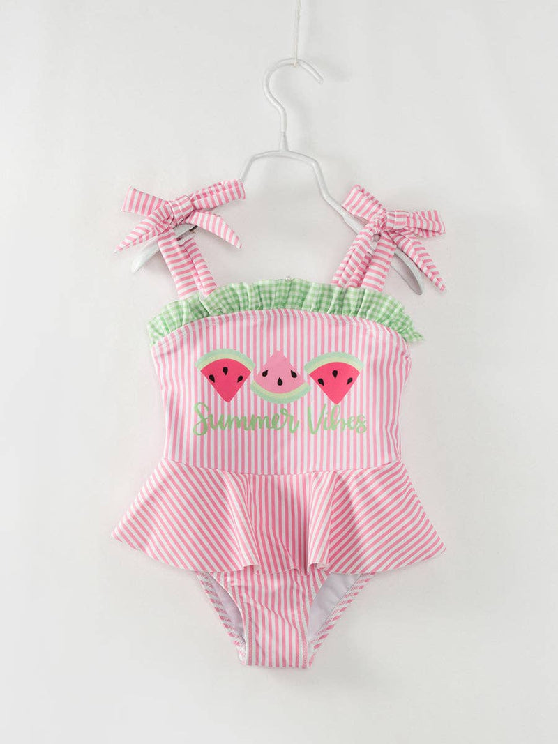 Pink Stripe Watermelon Ruffle Girl’s One Piece Swimsuit