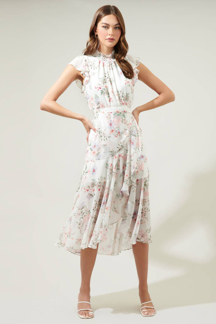 Drape Tiered Midi Dress in Cream Multicolor