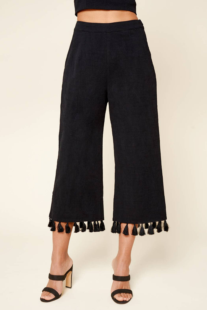 Stay Extra Tassel Trim Wide Leg Black Pants