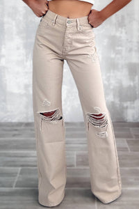 High Waist Ripped Khaki Pants