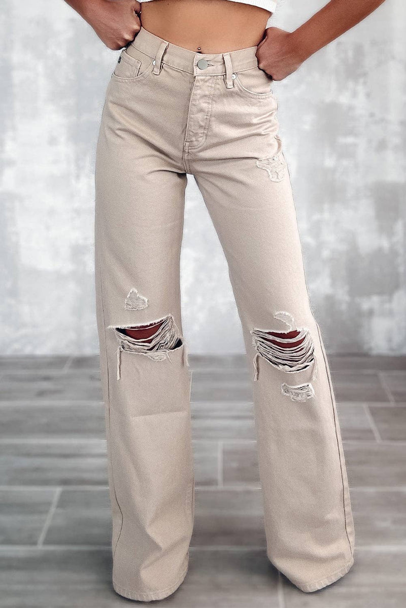 High Waist Ripped Khaki Pants